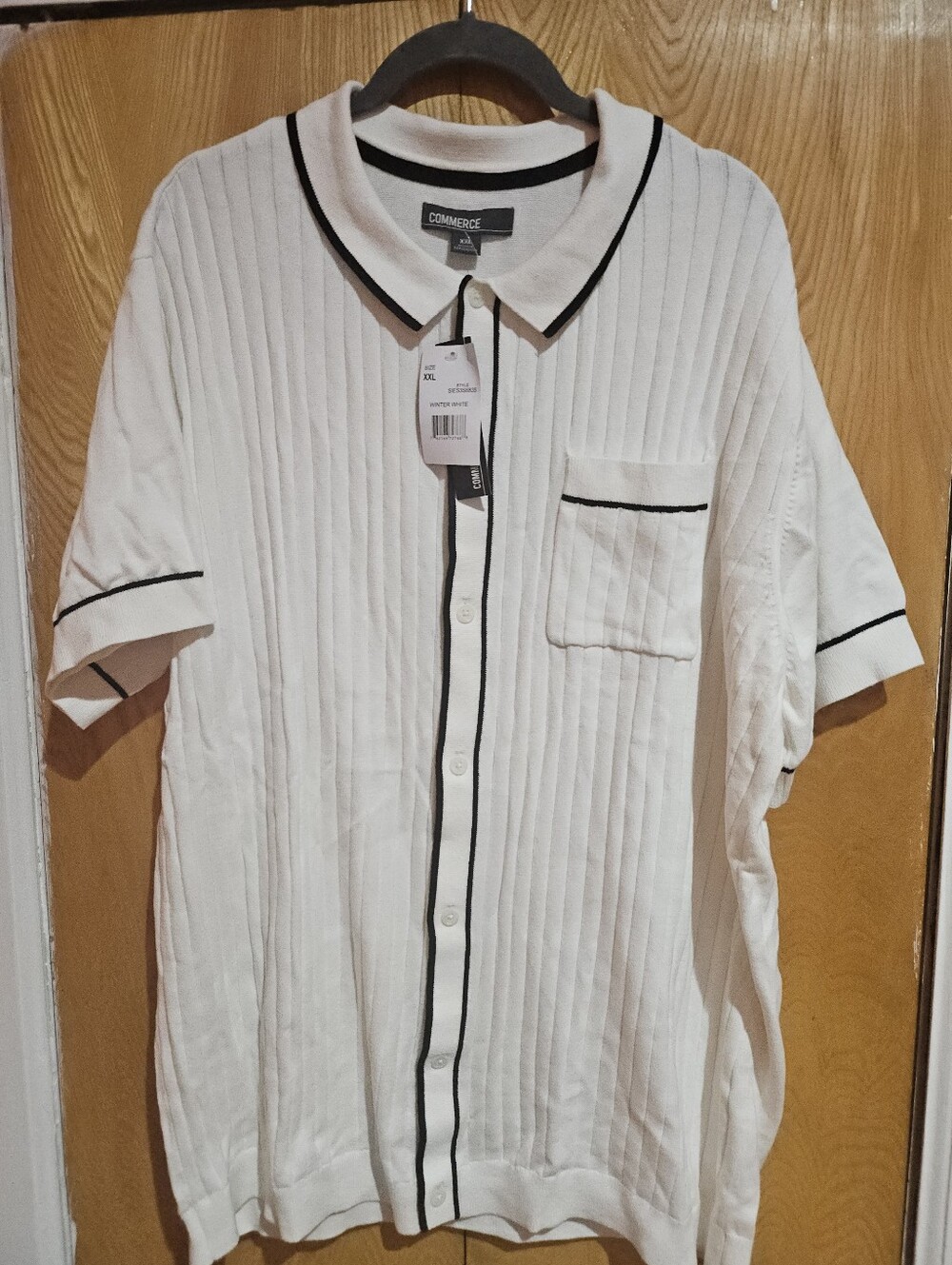 Men’s White Short-Sleeve Button-Down with Black Trim